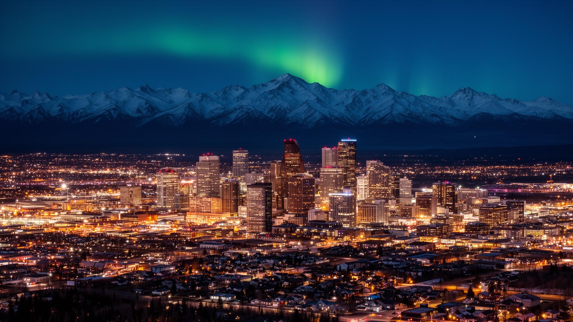 Anchorage skyline at night with the northern lights over the Chugach mountains